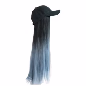 Black Baseball Cap with Grey Blue Long Straight Wig Mixed Color Synthetic Hair Extension Hat Wig Cap