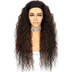 Curly Headband Wig Long Brown Synthetic Wigs for Women Loose Water Wave Headband Hair Glue less 150% Density 26 inch