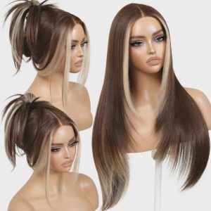 Glueless brown wig with highlight bangs, pre-cut lace, pre-plucked, 26” layered style. Easy wear, natural look, and ready to wear.