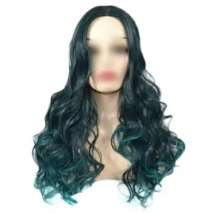 Gradient Green Big Wave Hair Wig Women Long Curly Hair Middle Part Bangs Full Wig, 22 inch