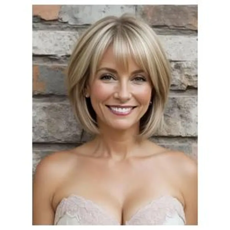 Layered bob wig with fringe, matte fibers, natural look for thinning hair. Lightweight, chemo-safe, ombre light blonde, perfect daily wear.