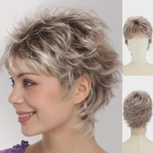 Short pixie cut wig, curly dark brown to blonde ombre with bangs. Glueless, lightweight cap, for daily wear and hair replacement.