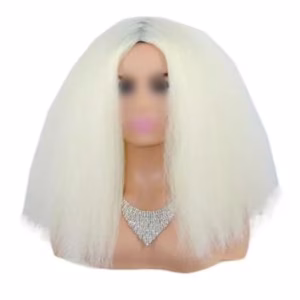 Straight Bob Wigs Fluffy Synthetic Hair Yaki Straight Curly Medium Part Bang Full Wigs, 14 Inch