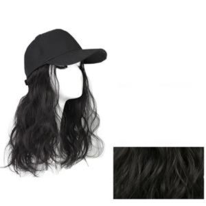 Black Baseball Cap with Fluffy Wavy Black Synthetic Hair Extension Wig Hat for Womens