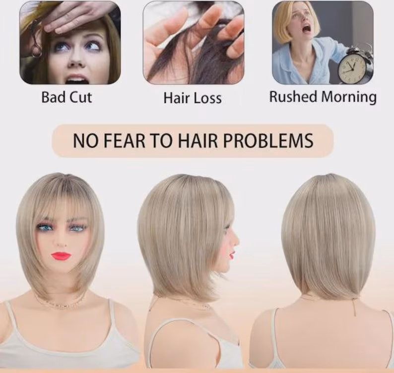 Layered bob wig with fringe, matte fibers, natural look for thinning hair. Lightweight, chemo-safe, ombre light blonde, perfect daily wear. - Image 3
