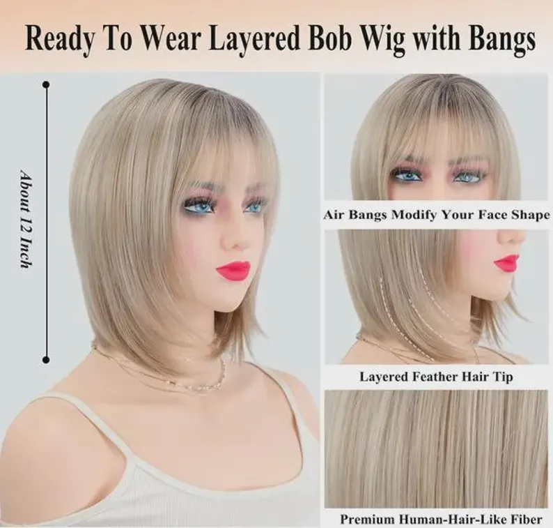 Layered bob wig with fringe, matte fibers, natural look for thinning hair. Lightweight, chemo-safe, ombre light blonde, perfect daily wear. - Image 4