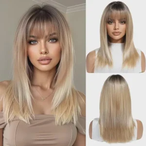 Ombre Blonde Wigs for Women Medium Length Long Straight Wig with Bangs Synthetic Hair Heat Resistant Wigs for Everyday Party Cosplay Wear