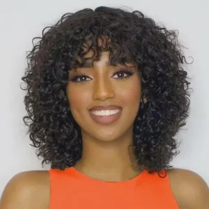 12" curly bob wig with bangs, 100% Brazilian human hair. Glueless, natural black, soft kinky curls, full and easy for everyday wear.