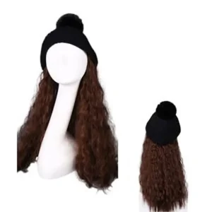 Womens Winter Knit Hat with Light Brown Synthetic Long Curly Corn Wave Hair Attached Wig Cap